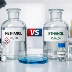 Etanol co to? Porównanie metanolu i etanolu w laboratorium. Widać butelki z chemikaliami, symbol zagrożenia i model cząsteczki.