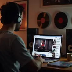Mężczyzna w słuchawkach ogląda na laptopie film instruktażowy, jak pobrać muzykę z YouTube. Na ścianie wiszą płyty winylowe.