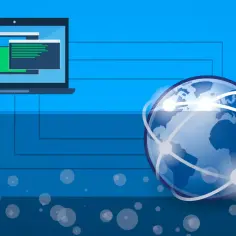 Laptop połączony z globem symbolizuje globalną sieć i dostęp do informacji.