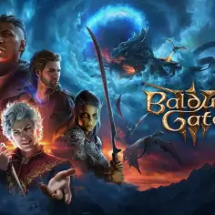 Lae'zel i jej towarzysze stają do walki z potężnym smokiem na tle burzowego nieba. Logo Baldur's Gate 3.