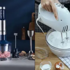 Dwa urządzenia kuchenne: blender ręczny z rozdrobnionym mięsem i mikser ręczny ubijający pianę.