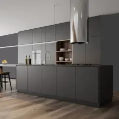 Nowoczesna kuchnia w kolorze antracyt jaki to kolor. Eleganckie szafki, wyspa z hokerami i stalowy okap tworzą stylową przestrzeń.