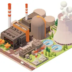 Ilustracja pokazuje, jak działa elektrownia jądrowa: reaktor, turbiny, chłodnia kominowa i zbiorniki wodne.