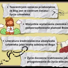 Teocentryzm co to? Bóg w centrum świata, wszystko podporządkowane planowi Bożemu. Człowiek zależny od Boga, życie doczesne to przygotowanie do wieczności.