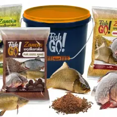 Zestaw zanęt wędkarskich Fish Go z różnymi rodzajami ryb i wiaderkiem.