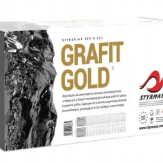 Paczka styropianu Grafit Gold. Na opakowaniu znajduje się tabela z wymiarami płyt i informacją, ile m2 jest w paczce styropianu, zależnie od grubości.
