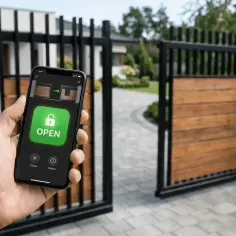 Otwieranie bramy na telefon. Aplikacja na smartfonie pokazuje zielony przycisk "OPEN" do sterowania bramą wjazdową.