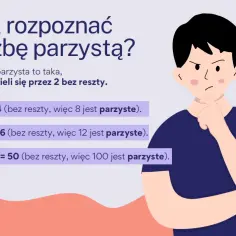 Chłopak zastanawia się, jak rozpoznać liczby parzyste. Przykład: 8 ÷ 2 = 4 (bez reszty, więc 8 jest parzyste).
