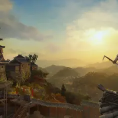 Postać w kapturze z bronią na łańcuchu stoi na dachu, obserwując krajobraz z zamkiem. Zapowiada się nowy Assassin's Creed.