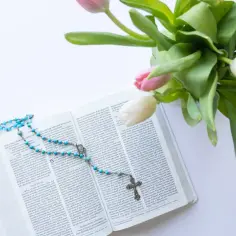 Otwarta Biblia z różańcem i bukietem tulipanów. Szukajcie a znajdziecie w Słowie Bożym.