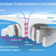 Schemat powstawania cyklonu tropikalnego: ciepłe powietrze wznosi się, tworząc oko cyklonu, a zimne opada. Rotacja przeciwna do ruchu wskazówek zegara.