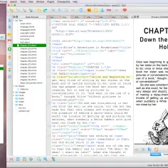 Program Sigil edytuje rozdział 1 "Alicji w Krainie Czarów", pokazując kod HTML i podgląd z królikiem.