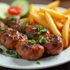 Sześć soczystych kawałków kebab na talerzu, obok złociste frytki i świeże warzywa. Pyszne danie, które z pewnością dostarczy sporo kcal.