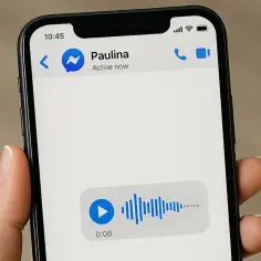 Chcesz wiedzieć, jak pobrać głosówkę z Messengera? Na ekranie telefonu widać wiadomość głosową od Pauliny.