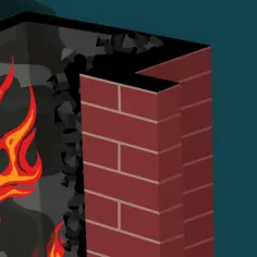 Ilustracja przekroju komina z płonącą sadzą i węglem.