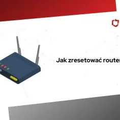 Ilustracja przedstawia router Wi-Fi z antenami i diodami. Obok widnieje pytanie: "Jak zresetować router?".