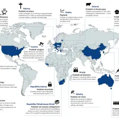 Mapa świata z przykładami nietypowych podatków pośrednich: od grillowania w Belgii, przez podatek od wiary w Niemczech, po opłatę za basen w Grecji.