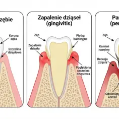 Ilustracja pokazuje etapy paradontozy: zdrowe przyzębie, zapalenie dziąseł i zaawansowaną paradontozę z utratą kości.