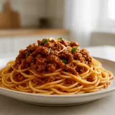 Porcja spaghetti bolognese, przygotowana według oryginalnego przepisu, z bogatym sosem mięsnym i świeżą bazylią.