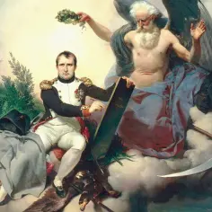 Napoleon, z wieńcem laurowym i kodeksem napoleona, siedzi obok skrzydlatego starca z kosą.