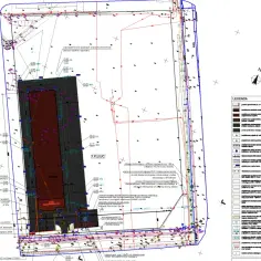 Mapa zasadnicza z oznaczeniami projektowanych budynków, dróg, instalacji i uzbrojenia terenu.