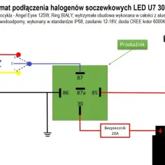 Schemat podłączenia halogenów LED U7 do motocykla. Pokazuje jak podłączyć halogeny w suficie schemat, przekaźnik, bezpiecznik i akumulator.