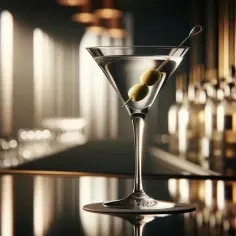 Elegancki martini z wódką, ozdobione dwiema oliwkami, na tle rozmytego baru.