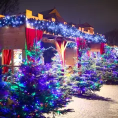 Magiczny jarmark świąteczny w Warszawie. Choinki ozdobione kolorowymi lampkami, drewniane budki i czerwone zasłony tworzą świąteczną atmosferę.
