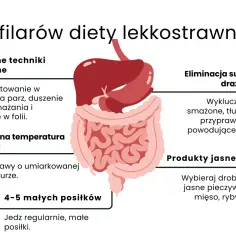 5 filarów diety lekkostrawnej: delikatne techniki kulinarne, optymalna temperatura, 4-5 małych posiłków, eliminacja substancji drażniących, produkty jasne i chude.