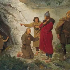 Władysław Łokietek w grocie, klęczący starzec, młody wskazuje drogę. Ciekawostki o jego ukrywaniu się.