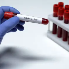 Ręka w niebieskiej rękawiczce trzyma probówkę z napisem "Beta hCG - Test". Czy ogólne badanie krwi wykryje ciążę?