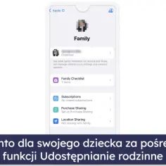 Ekran iPhone'a z ustawieniami "Rodzina", gdzie można zarządzać kontrolą rodzicielską i udostępnianiem.
