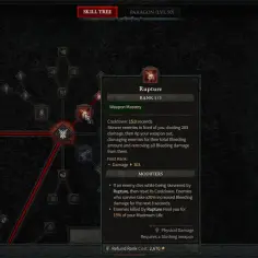 Drzewko umiejętności w Diablo 4, gdzie "Rupture" (rozprucie) jest w pełni rozwinięte, zgodnie z tradycjami gry.