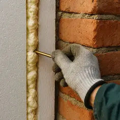 Ręka w rękawicy aplikuje piankę montażową do szczeliny między styropianem a ceglanym murem, zapewniając izolację.