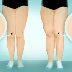 Porównanie nóg: po lewej gładka skóra, po prawej widoczne nierówności. Ilustracja do testu na lipodemię.