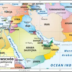 Mapa Bliskiego Wschodu. Izrael graniczy z Egiptem, Sudanem, Jordanią, Syrią, Libanem i Morzem Śródziemnym.
