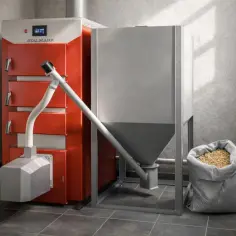 Nowoczesny piec na pellet Stalmark, idealny do domu 120m2, z zasobnikiem i workiem pelletu.