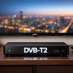 Czarny dekoder DVB-T2 na drewnianym stoliku, z pilotem i telewizorem w tle.