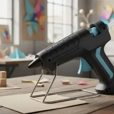 Dobry pistolet do kleju na gorąco, gotowy do pracy przy kreatywnych projektach. Na stole leżą kartony i małe drewniane klocki.
