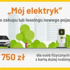 Ilustracja przedstawia dwa samochody elektryczne przy ładowarkach, z rodziną i mężczyzną w garniturze.