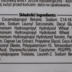 Składniki: Aqua, Cocamidopropyl Betaine, Sodium C14-16 Olefin Sulfonate, Sodium Lauroyl Sarcosinate, Decyl Glucoside, Hydrolyzed Wheat Protein, Hydrolyzed Wheat Starch, Hydrolyzed Keratin, Panthenol, Glycerin, Caprae Lac Extract.