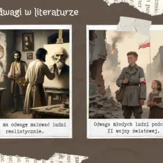 Motywy odwagi w literaturze: rybak walczący z marlinem, malarz tworzący realistyczny portret, dzieci w zniszczonym mieście podczas wojny, pilot w powietrznej bitwie. To wszystko pokazuje, heroizm co to.