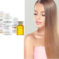 Olaplex 5 jak stosować? Zestaw Olaplex z odżywką nr 5 do pielęgnacji włosów. Piękna kobieta z lśniącymi włosami.