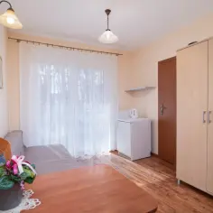Willa Gwiazda Północy: przytulny pokój z kanapą, szafą, lodówką i stołem.