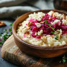 Risotto z burakiem, serem kozim i orzechami włoskimi