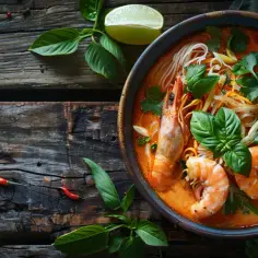 Laksa - zupa z krewetkami, makaronem ryżowym, mlekiem kokosowym i trawą cytrynową