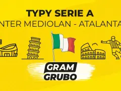 Typy Serie A: Inter Mediolan - Atalanta. Grafika z ikonami włoskich zabytków i piłkarzem.