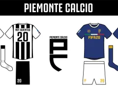 Stroje piłkarskie Piemonte Calcio: czarno-białe w paski i granatowe. Numery 20 i logo FIFA20.