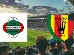Emblematy Radomiaka Radom i Korony Kielce na tle stadionu. Wynik meczu 1:1.