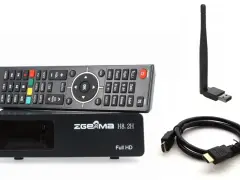 Zestaw do telewizji satelitarnej: dekoder, pilot, kabel HDMI i antena Wi-Fi.